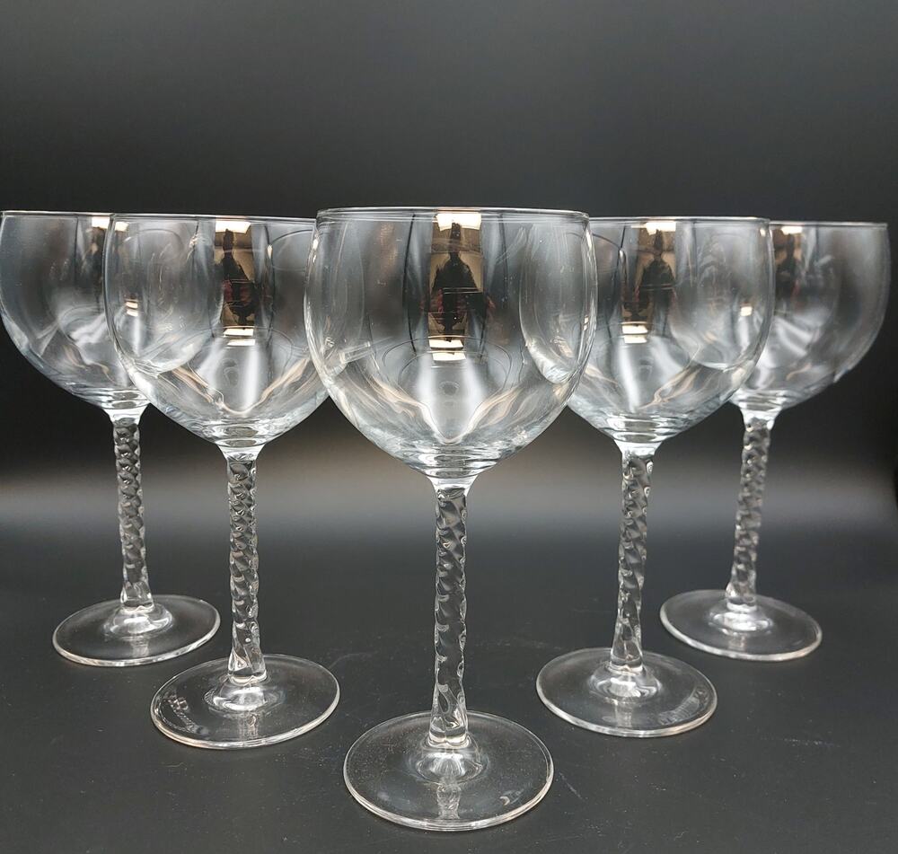 Cristal Darques Angelique Balloon Wine Glasses Set of 5 Clear Twisted Stem 7.25"